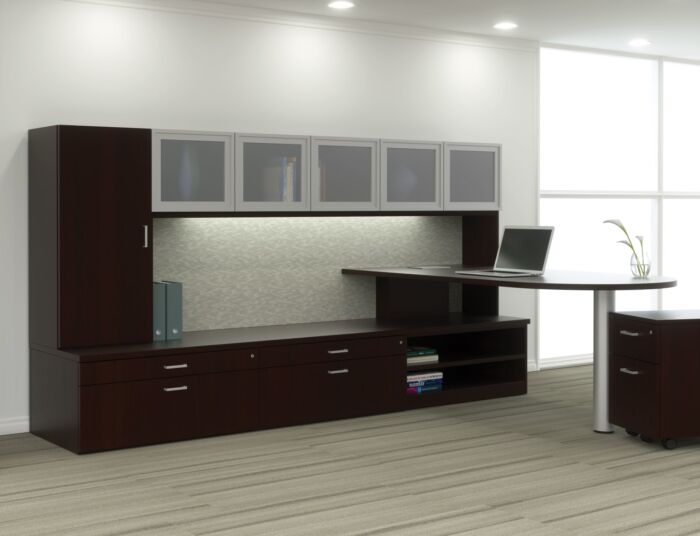 Gesso Office sit-to-stand desks and Casegoods by Indiana Furniture