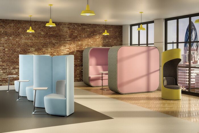 modern reception communal area with pastel blue and pink accents