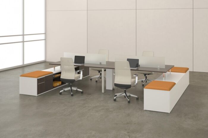 modern bench desks in a large open room office setting
