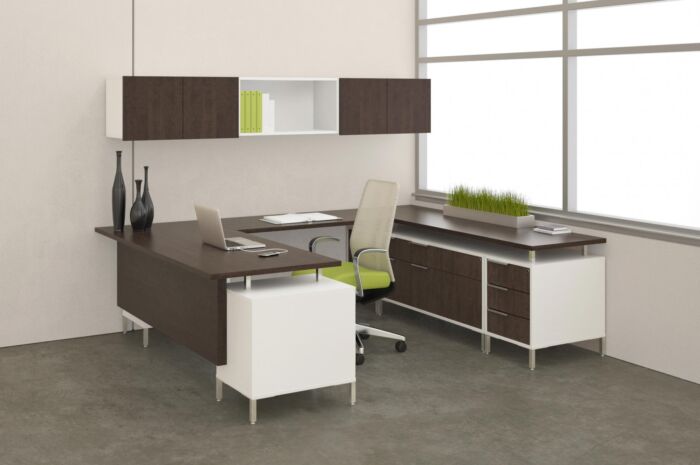 modern office desk furniture system with lime green accents