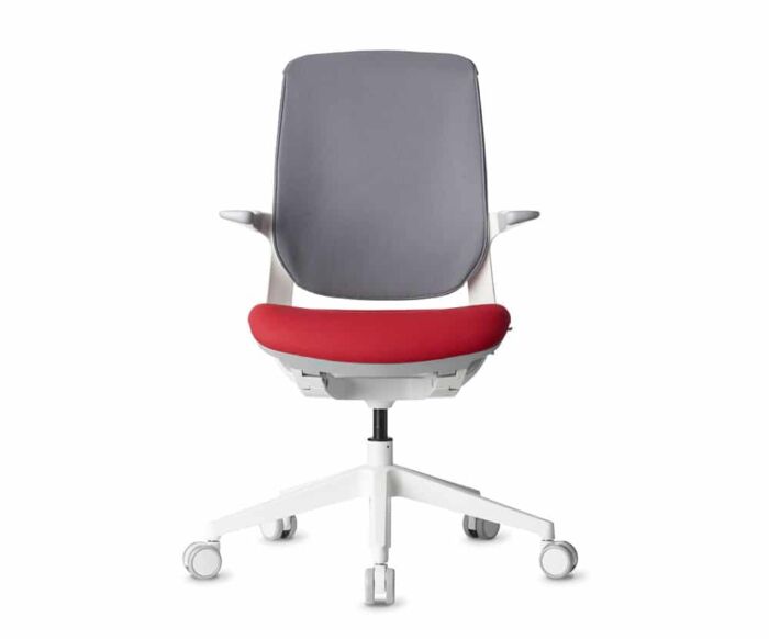 white modern office task chair with light grey top cushion and red bottom cushion