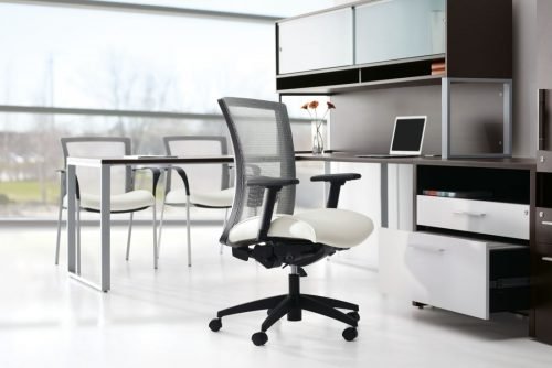 Vion Mesh Transitional Chair with white upholstered seat cushion
