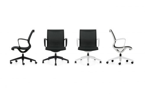 white and black modern solar mesh collaboration chair with chrome and wheels