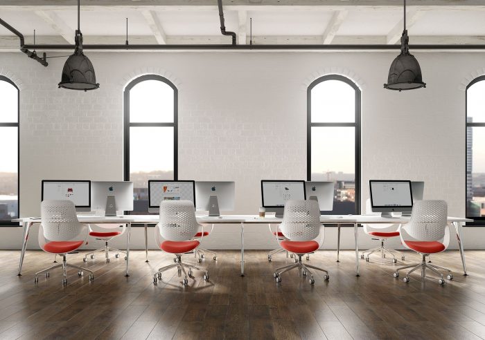 contemporary desk benching with white top and red accents