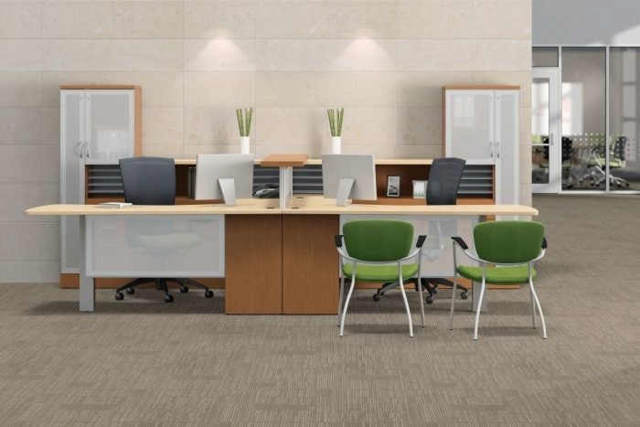 modern dual workstation office suite in light maple finish with lime green accents