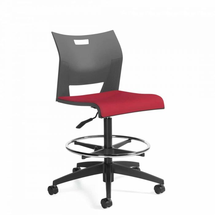 Armless Drafting Stool, Red Upholstered Seat, Grey back, footring and black casters (6733)