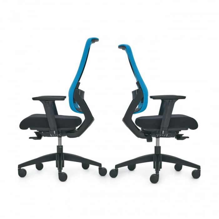 two ergonomic chairs back to back with blue