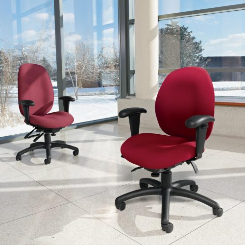 Studio photography of two red Malaga rolling office chairs.
