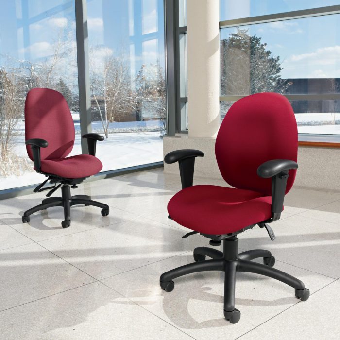 Studio photography of two red Malaga rolling office chairs.