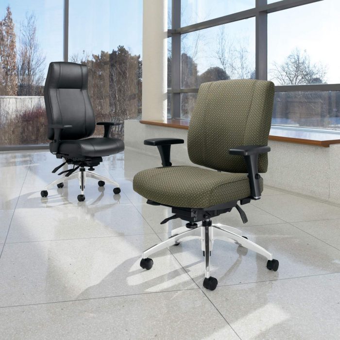 Studio photography of a high backed and medium backed Triumph rolling office chairs.