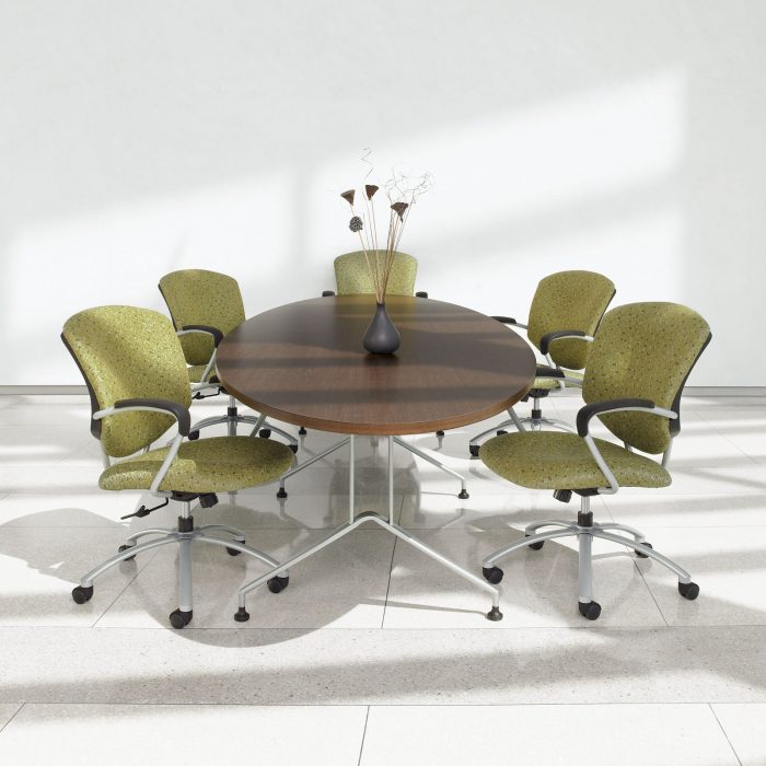 Studio shot of five Supra X conference chairs, placed around an oval table.