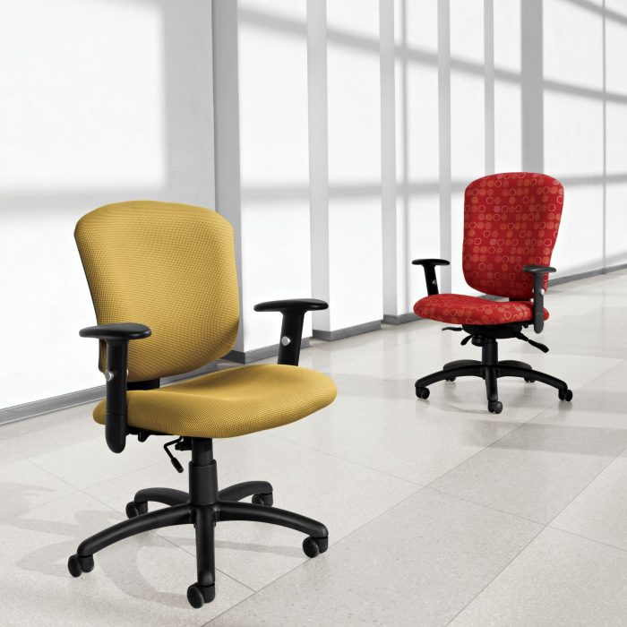Studio photography of two Supra X rolling office chairs.