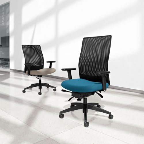 Studio photography of two high-backed Weev chairs. Sunlight from windows casts light on two chairs, with cream and turquoise fabric seats.