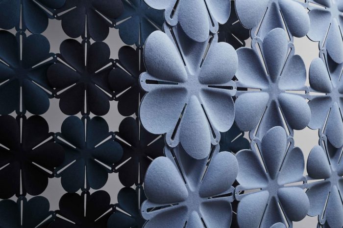 Studio shot of Airbloom acoustic panels forming two partitions. The set in front is in a light periwinkle, with a dark blue color contrast in the partition behind.