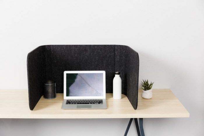 Hide privacy screen, using charcoal colored PET. A laptop is open, with a plant to the right side of the Hide screen's wall.