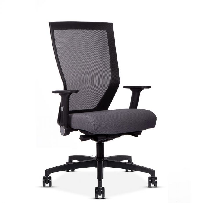 Quarter view of a Run II mesh back office chair with grey cushion.