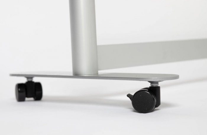 Closeup of the rolling caster wheels of a Split full-length space divider.
