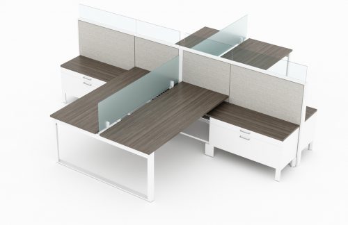 4-Person set of L-shaped workstations. Frameless Clear acrylic pieces make up the top of the partition, on one side of each workstation. Just below the main partition is a wide credenza, just under the work surface. At its side is a ledge for storing bags and purses. This is rendered on a white background. Model is EV507.