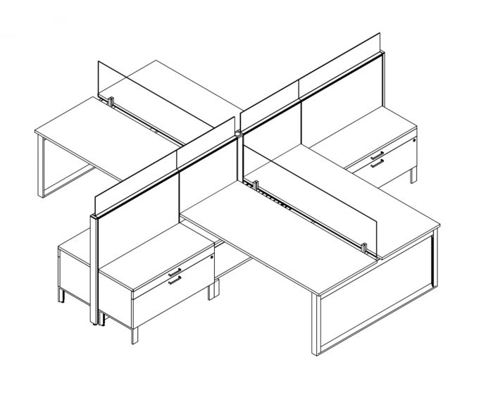 Technical drawing of Global's Evolve EV507 System, configured as a pair of facing cubicles (4-pack). A clear screen separates each facing station, and has a credenza on the neighboring sidewall.