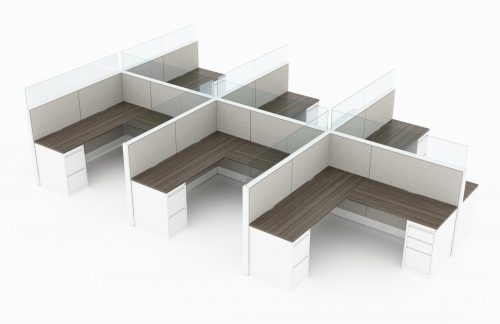 6-Person set of L-shaped workstations. Frameless glass pieces are featured on the top and side partitions. Two sets of supply drawers are placed at each end of each work station. of the partition. This is rendered on a white background. Model is EV510.