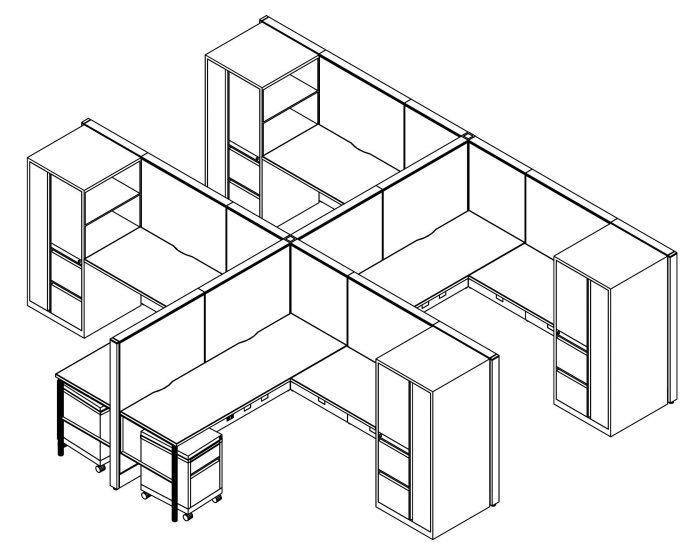 Technical drawing of Global's Evolve EV513 System, configured as a 4 pack of office cubicles. On the outer-sides of this arrangement is a full height cabinet with 2 drawers. Two shelves face to the user. A rolling pair of drawers is placed opposite.