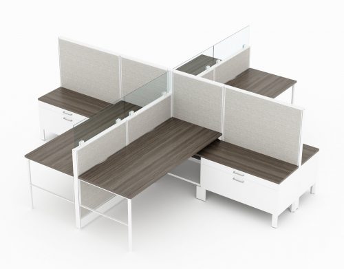 4-Person set of L-shaped workstations, with high paneling, end to end. Each station is partially enclosed, with a small work area placed on the back wall. At the front, is a pair of neighboring credenzas. Model is CM504.