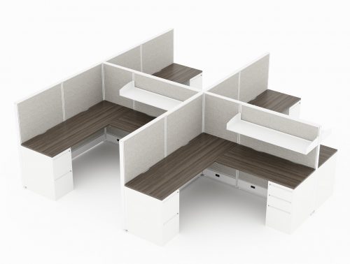 4-Person set of L-shaped workstations, with high paneling, end to end. A shelf is set above each workstation. A pair of supply and file drawers are placed at each side, under the desk. Model is CM511.