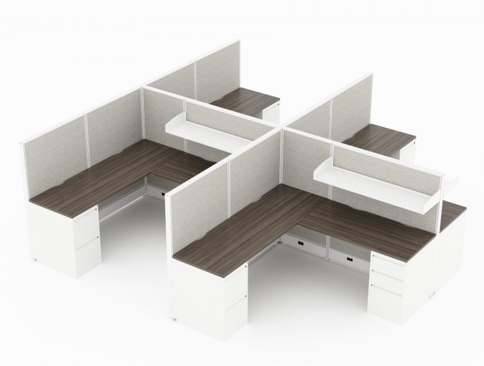 4-Person set of L-shaped workstations, with high paneling, end to end. A shelf is set above each workstation. A pair of supply and file drawers are placed at each side, under the desk. Model is CM511.