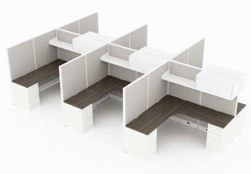 6-Person set of L-shaped workstations, with high paneling, end to end. A set of office supply drawers are placed at each side, underneath the table. Above is a shelf with a closed storage space on the other half. Model is CM512.
