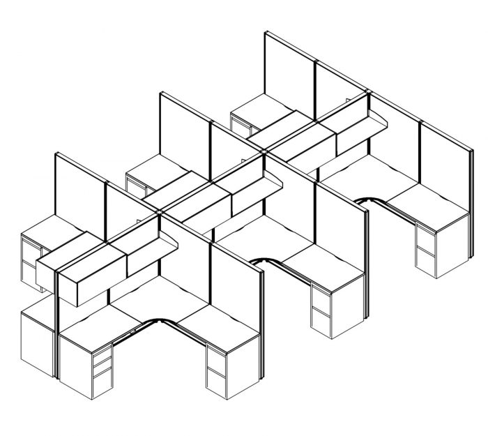 Technical drawing of Compile CM512 6 pack of work stations. The L shaped desk has a rounded inside corner, with a set of desk drawers to the user's sides. Above is a cabinet, with doors that swing out. A small shelf is at the right.