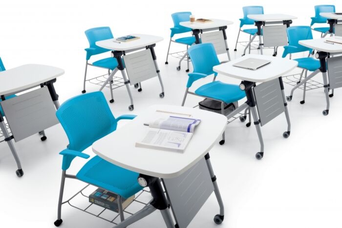 training tables with teal blue chairs