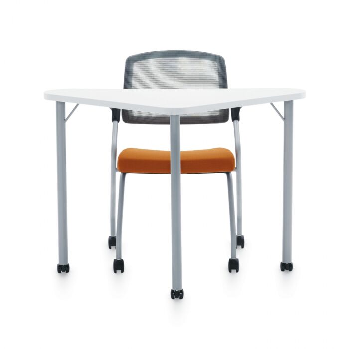 single white training table with grey mesh back and orange seat chair